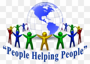 Diverse colorful stick figures holding hands around a blue globe with the phrase "People Helping People"