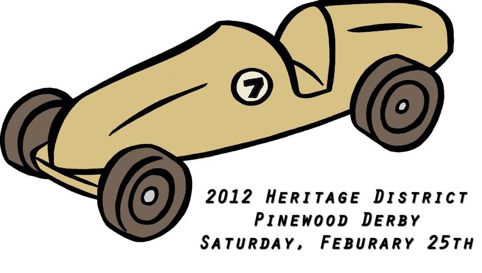 Vintage-style race car illustration with number 7, promoting the 2012 Heritage District Pinewood Derby event on February 25.