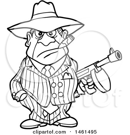 Cartoon mobster in pinstripe suit and fedora holding a submachine gun, stern expression, black-and-white line art.