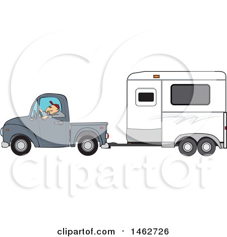 A cartoon man driving a gray pickup truck towing a white horse trailer.
