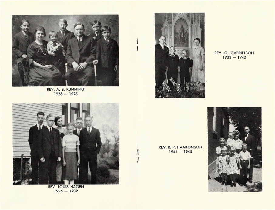 Four black-and-white family portraits of Lutheran pastors and their families from 1923-1945, labeled with names and service years.