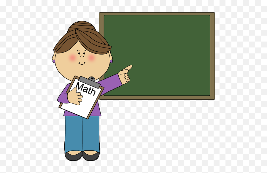 Cartoon female math teacher pointing at a green chalkboard while holding a "Math" clipboard.
