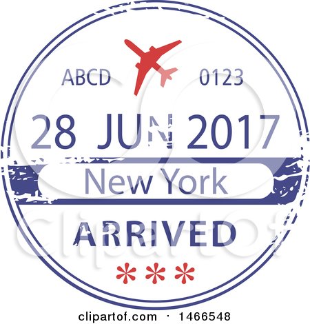 Vintage-style passport stamp showing "28 JUN 2017", "New York", "ARRIVED", with red airplane and stars.