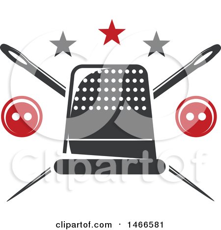 Sewing thimble with crossed needles, red buttons, and stars-symbolizing craftsmanship and tailoring tools.