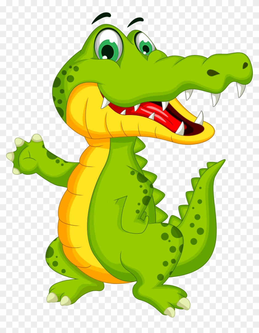 Cheerful green cartoon crocodile with open mouth, sharp teeth, and raised arms on transparent background.