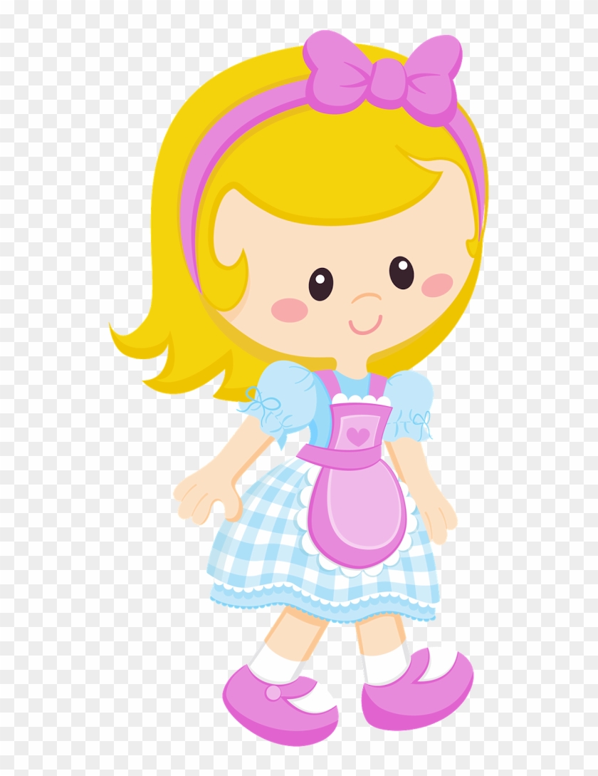 Cute cartoon girl with blonde hair, pink bow, blue checkered dress, and purple apron smiling.