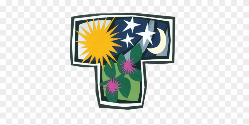 Stylized letter "T" containing sun, stars, moon, and purple flowers on green foliage against a dark blue sky.