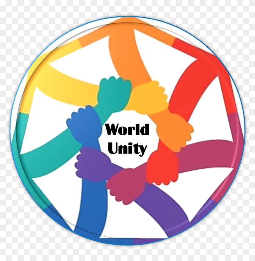 Colorful hands in a circle forming a globe with "World Unity" text at center, symbolizing global cooperation and diversity.