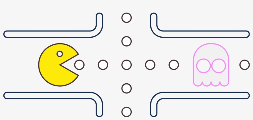 Yellow Pac-Man chases dots in a maze while a pink ghost approaches from the right.