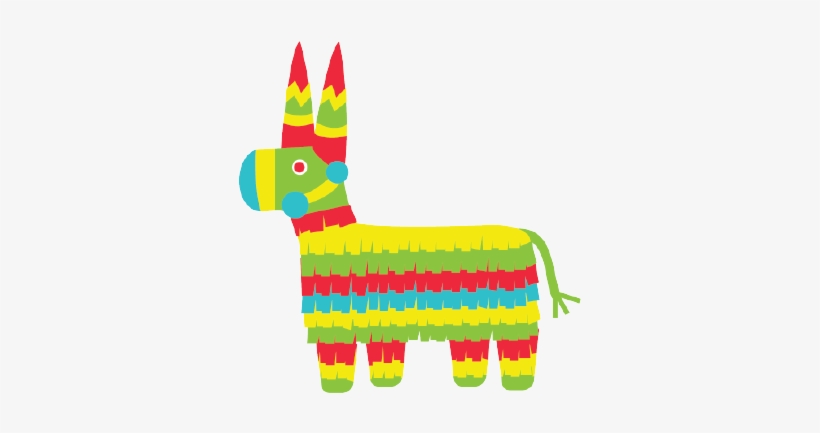 Colorful donkey-shaped piñata with striped yellow, red, green, and blue paper fringes and festive horns.