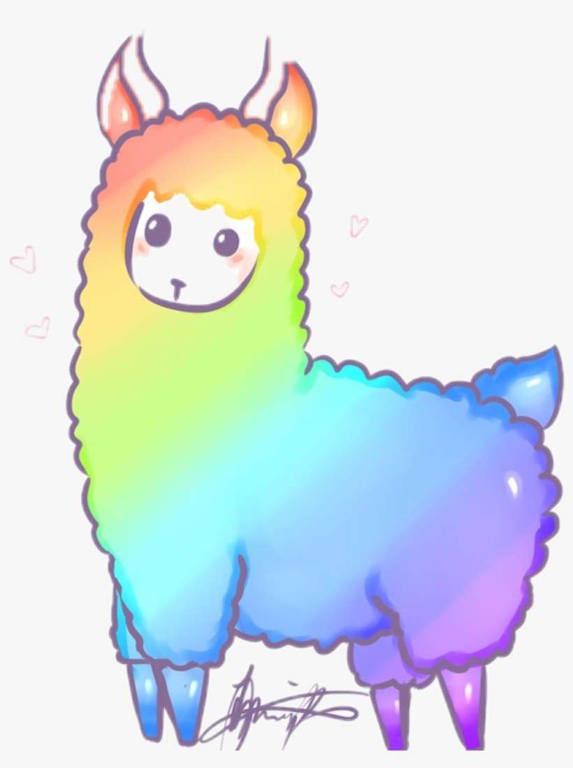 Cute rainbow-colored alpaca with hearts, chibi-style illustration.