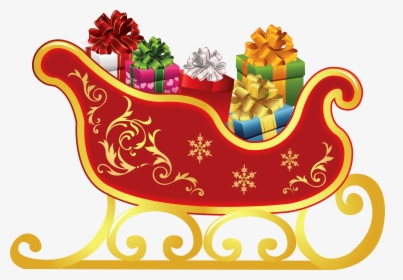Red and gold ornate sleigh filled with colorful wrapped Christmas gifts and bows.