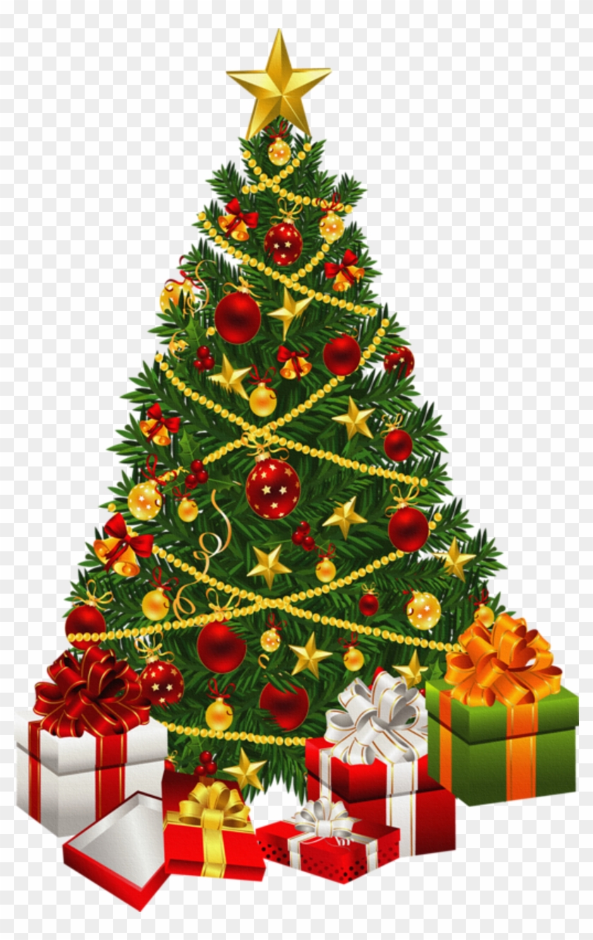 Decorated Christmas tree with red ornaments, gold stars, garlands, and wrapped gifts beneath it.