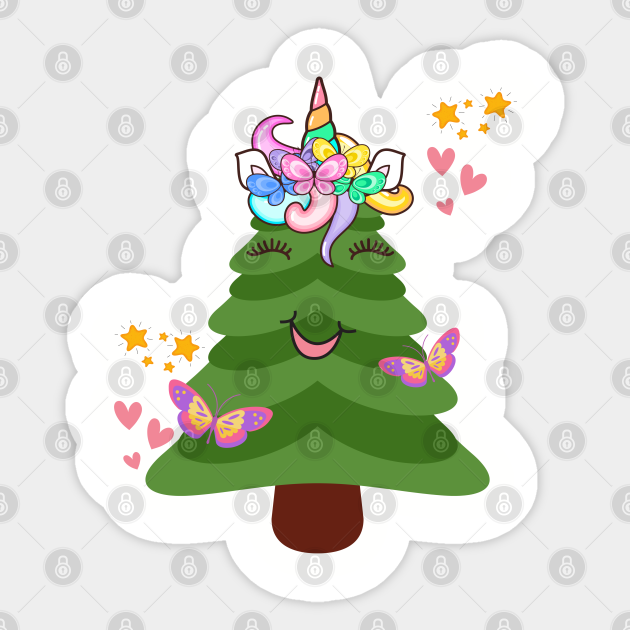 Cute cartoon Christmas tree with unicorn horn, flowers, butterflies, hearts, and stars; smiling face and closed eyes.