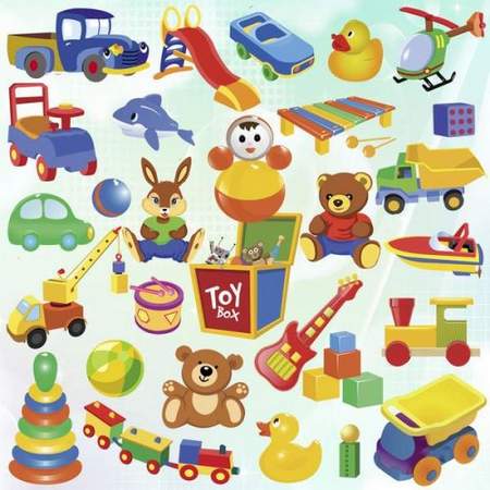 Colorful collection of classic children's toys including cars, bears, blocks, a toy box, and musical instruments on light background.