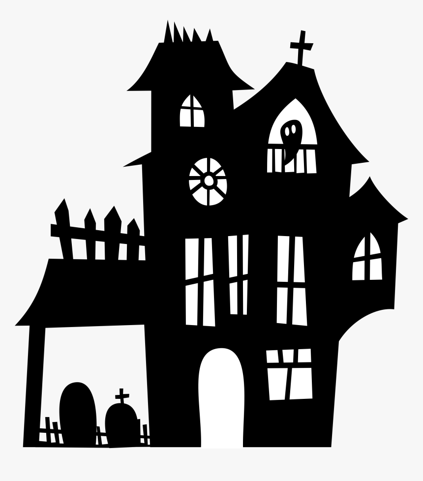 Black silhouette of a spooky haunted house with ghost, graveyard, and crooked windows.