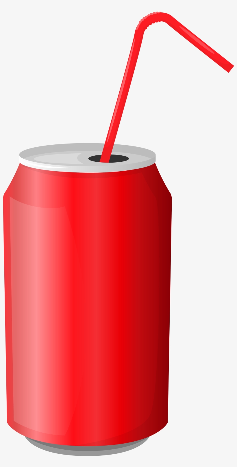 Red aluminum soda can with a red bendy straw inserted, on white background.