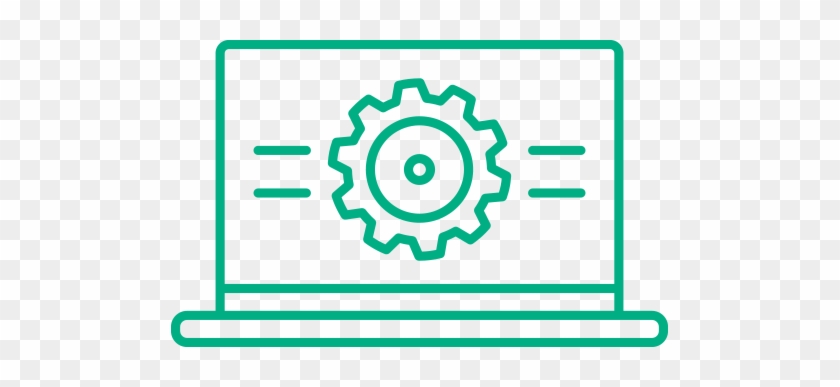 Green line-art icon of a laptop displaying a gear symbol, representing system settings or configuration.