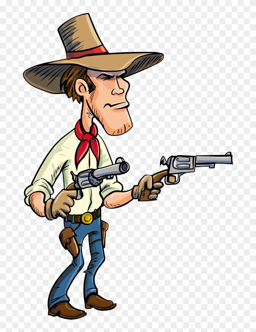 Cartoon cowboy in wide-brimmed hat and red bandana, holding two revolvers with a stern expression.