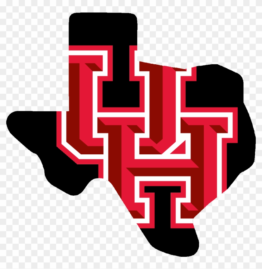 University of Houston logo stylized within the outline of Texas, featuring bold red and black "UH" lettering with white trim.