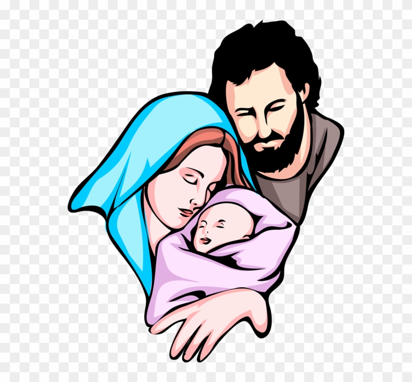 Holy Family illustration: Mary in blue veil, Joseph with beard, and baby Jesus swaddled in pink cloth.
