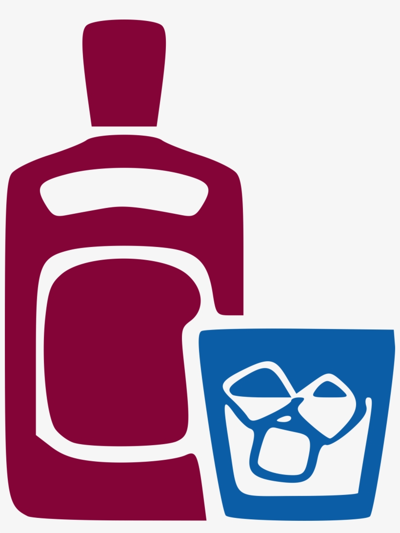 Maroon liquor bottle beside a blue glass with ice cubes, stylized vector illustration.