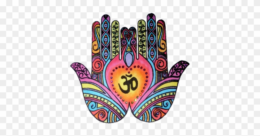 Vibrant Hamsa hand symbol with Om sign at center, adorned in psychedelic mandala patterns and rainbow colors.