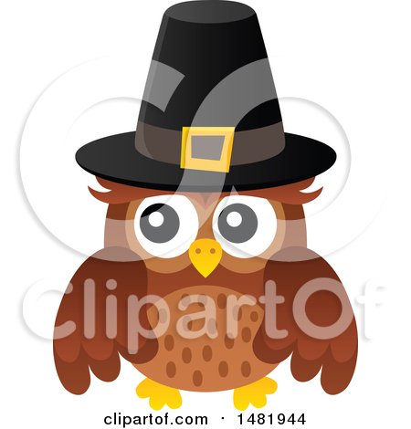 Cute cartoon owl wearing a black pilgrim hat with gold buckle, brown feathers, big eyes, and yellow beak and feet.