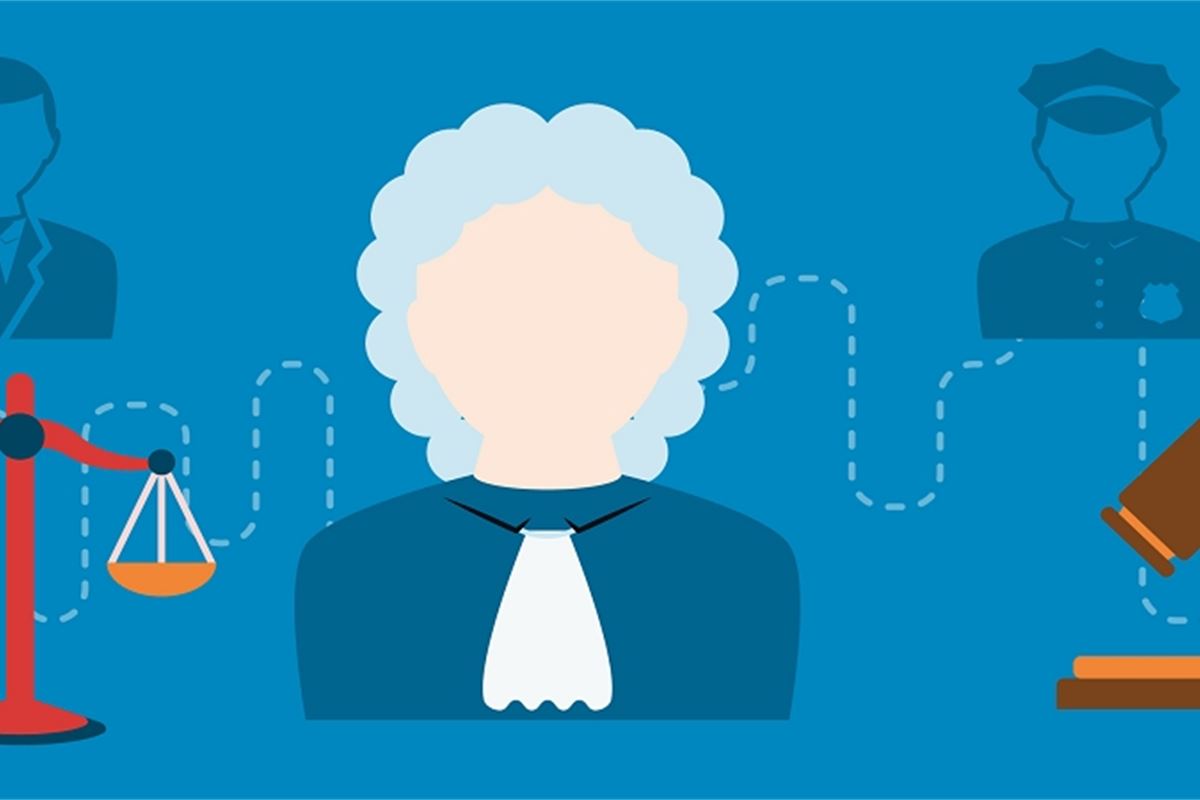 Illustration of a judge in traditional robe and wig, flanked by scales of justice, police officer, lawyer, and gavel.