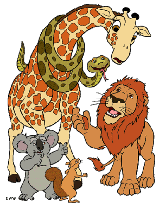 Cartoon illustration of a giraffe wrapped by a snake, a roaring lion, a koala, and a squirrel interacting playfully.