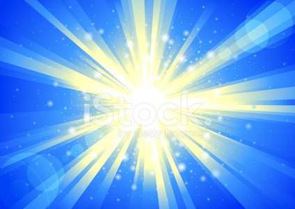 Bright yellow sunburst radiating across a vibrant blue background with sparkling particles and lens flares.