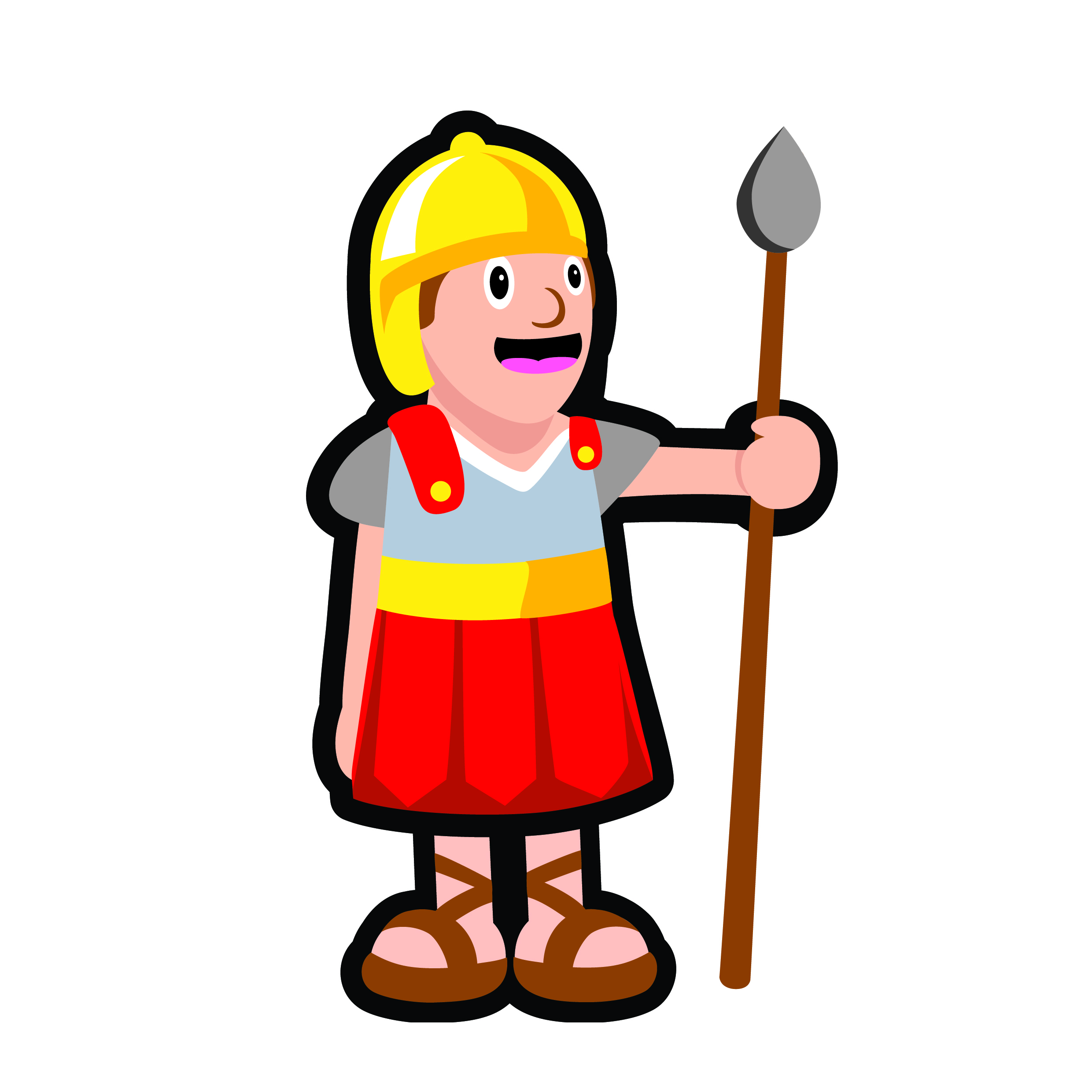 Cheerful cartoon Roman soldier in yellow helmet, red tunic, and sandals, holding a spear.