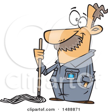 Cartoon janitor with mustache holding a mop, wearing a blue uniform and ID badge.