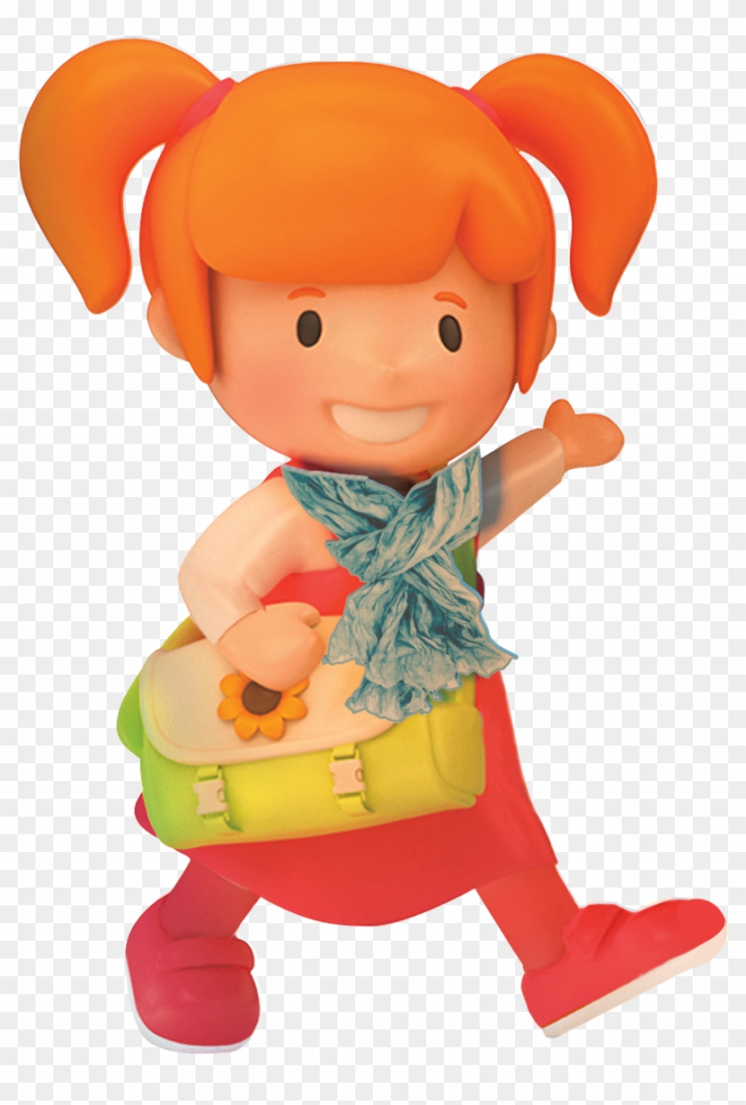 Cheerful cartoon girl with orange pigtails, red dress, and green backpack waving hello.