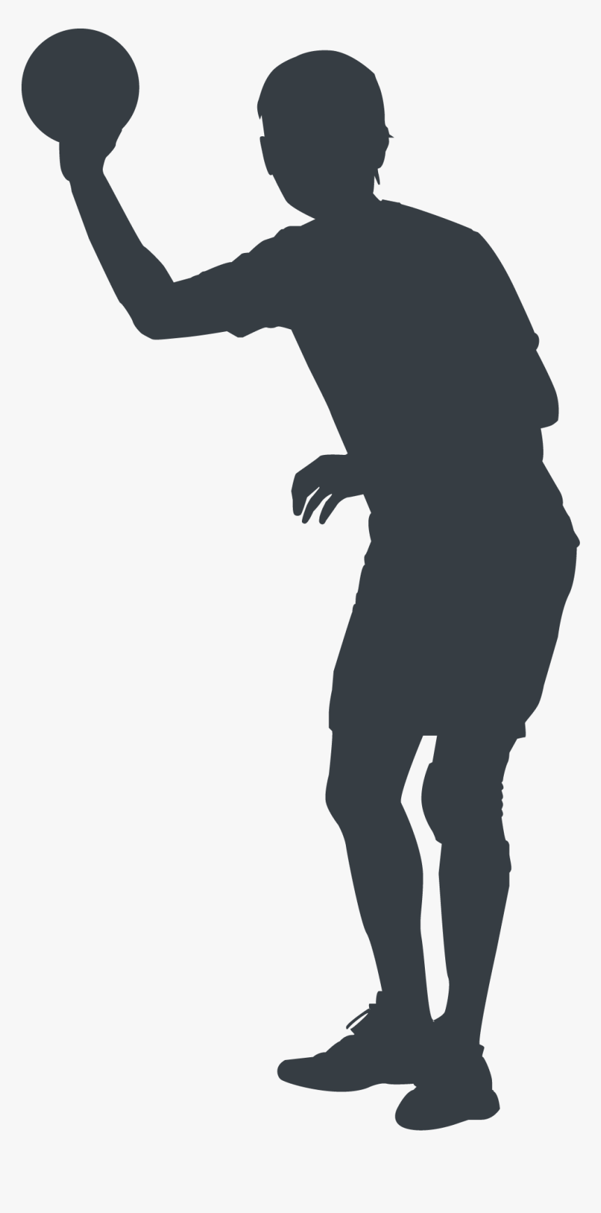 Silhouette of a basketball player in shooting stance, holding ball overhead with one arm extended.