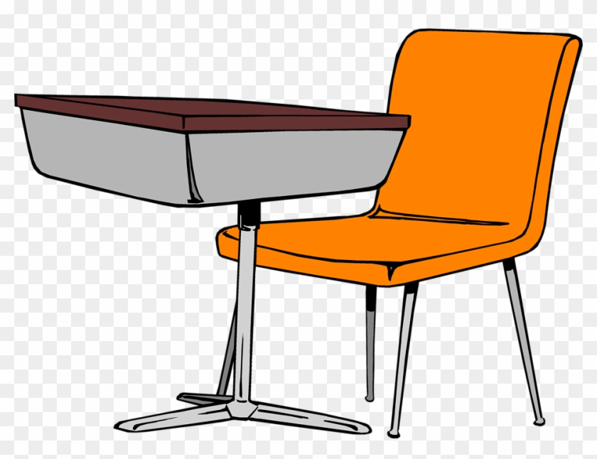 Orange modern chair with attached gray desk and metal base on transparent background.
