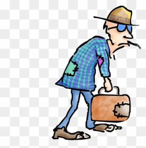 A cartoon man in a straw hat, patched blue shirt, and worn shoes walks with a tattered suitcase, smoking a cigarette.