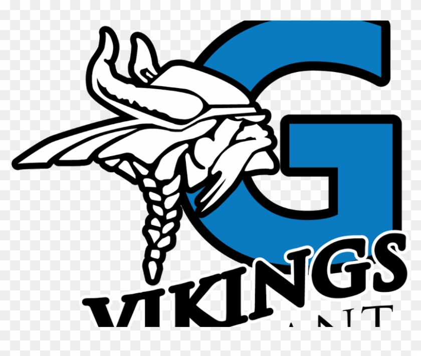 Blue "G" logo with Viking helmet and braided beard, text "Vikings" below.