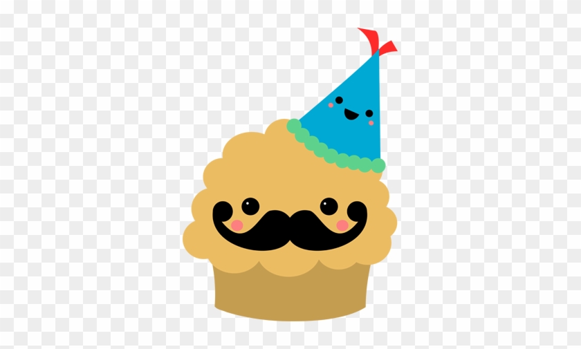 Cheerful cupcake with mustache and blue party hat on transparent background.