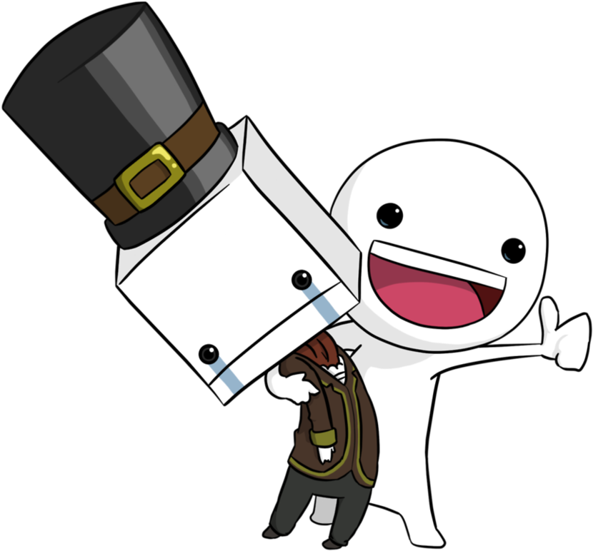 A cheerful white stick figure gives a thumbs-up while carrying a box-headed character in a top hat and vest.