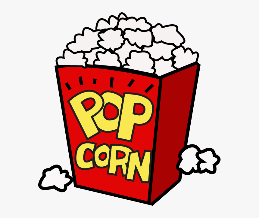 Red popcorn box overflowing with fluffy white popcorn, labeled "POP CORN" in bold yellow letters.