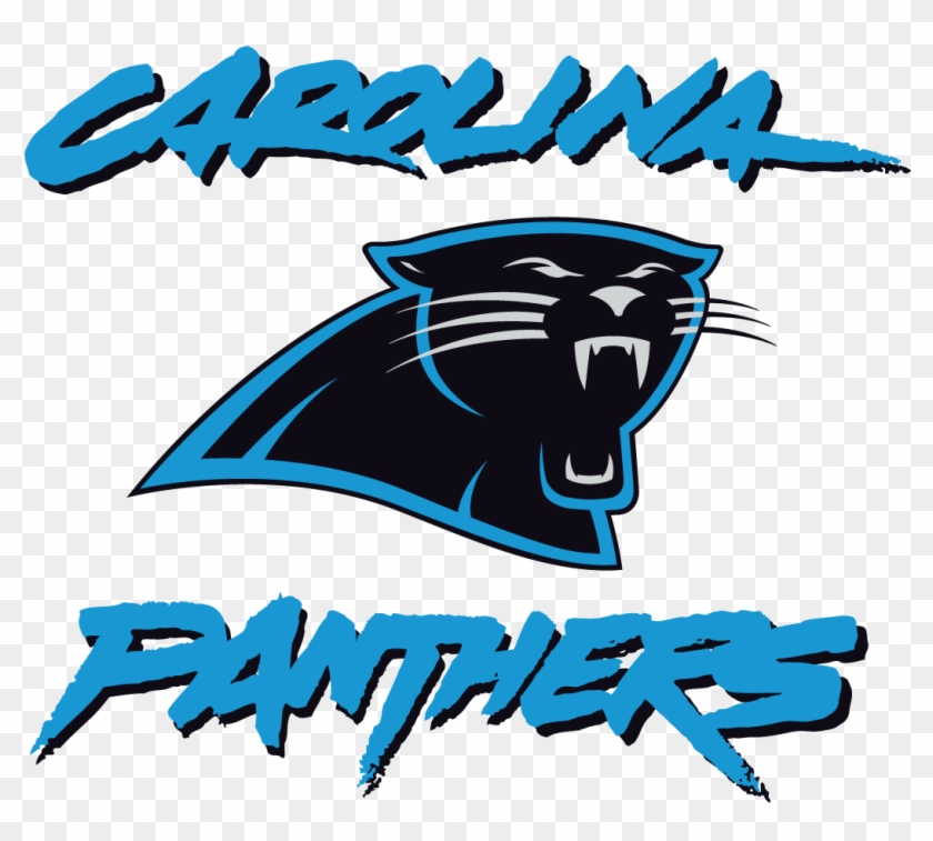 Carolina Panthers logo featuring a roaring black panther head with blue outline and stylized team name text above and below.