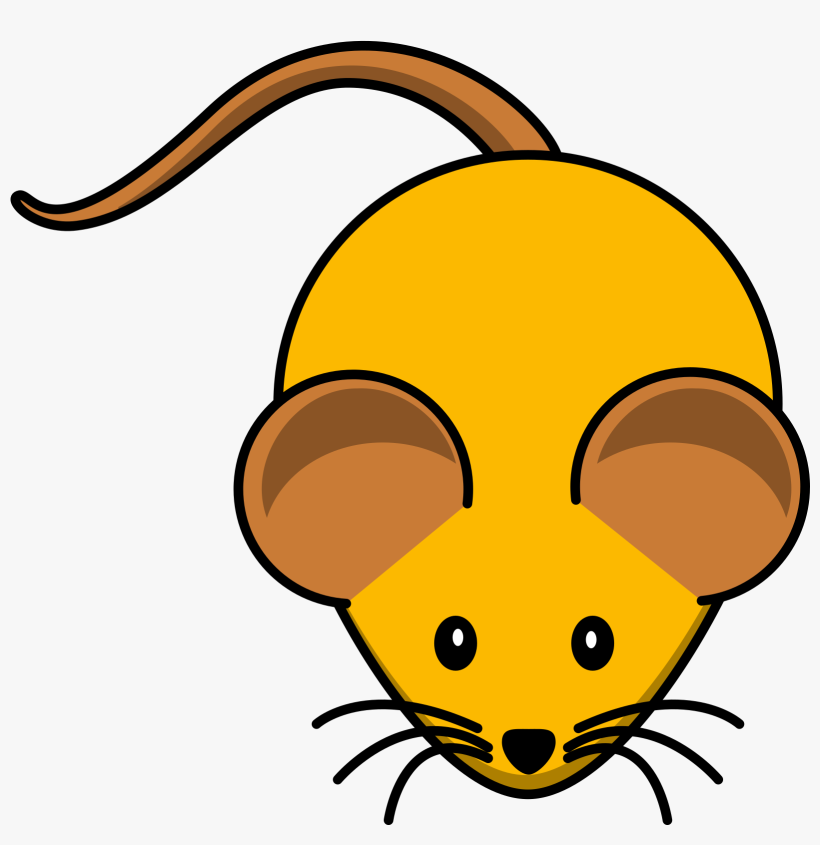 Cute cartoon yellow mouse with brown ears and tail, facing forward with whiskers and black eyes.