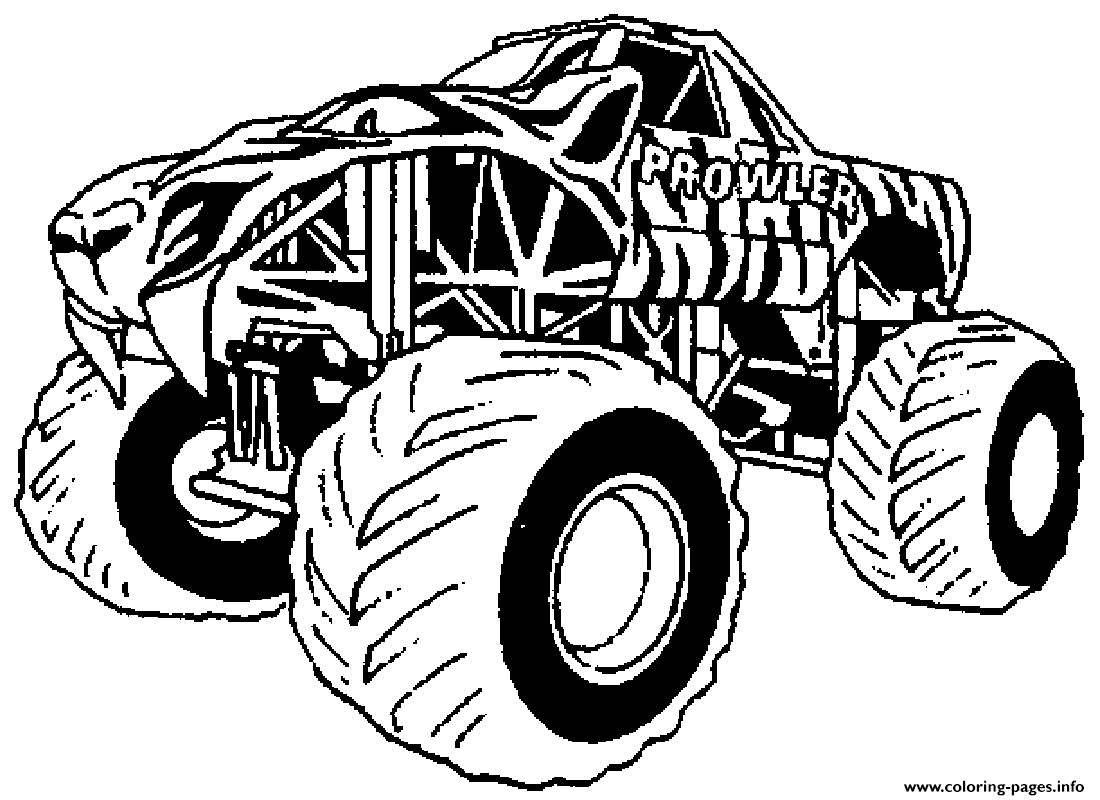Black-and-white line drawing of a monster truck named "Prowler" with fierce animal-themed front grille and oversized tires.