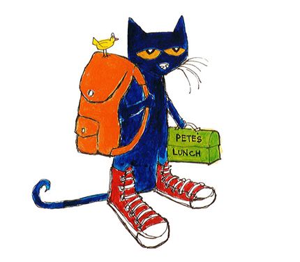 Pete the Cat wearing red sneakers, carrying an orange backpack with a yellow bird perched on top and holding a green "Pete's Lunch" box.