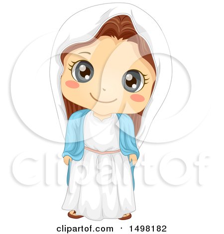 Chibi-style illustration of the Virgin Mary in white robe and blue shawl, smiling gently with large expressive eyes.