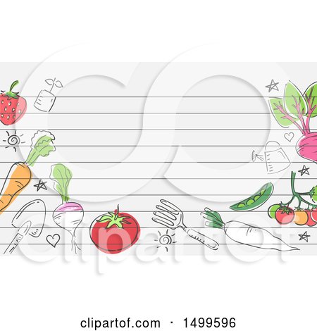 Hand-drawn vegetables, kitchen tools, and hearts on lined notebook paper with decorative border.