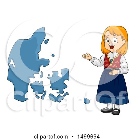 A smiling girl in traditional Norwegian folk costume gestures toward a blue map of Norway.