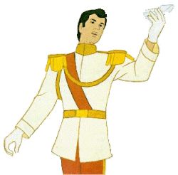 Prince in white and gold royal uniform holding a glass slipper, classic Disney-style illustration.