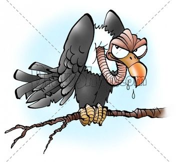 Angry cartoon vulture gripping a branch with a worm in its beak, drooling slightly.